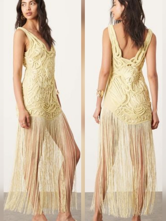 ASOS Dresses & Skirts - ISO - ASOS DESIGN Embroidered Satin Cornelli Maxi Dress With Fringe Detail